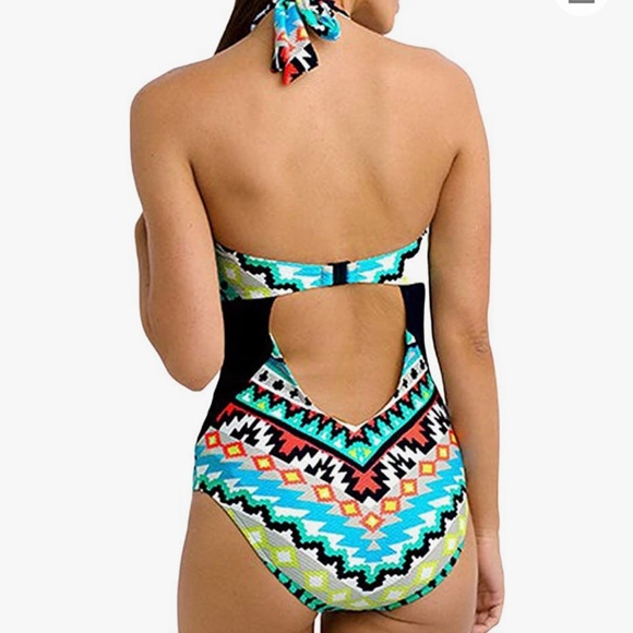 Farysays Retro Boho High Neck Low Cut Back One Piece Swim Suit Size M - Picture 2 of 7